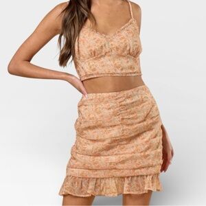 Blue Blush Orange Floral Ruffle Skirt Two Piece Cropped Top Skirt Set SMALL NWOT